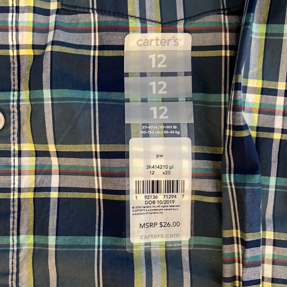 NWT Carter’s size 12 boys long sleeve plaid button down shirt - Picture 5 of 5